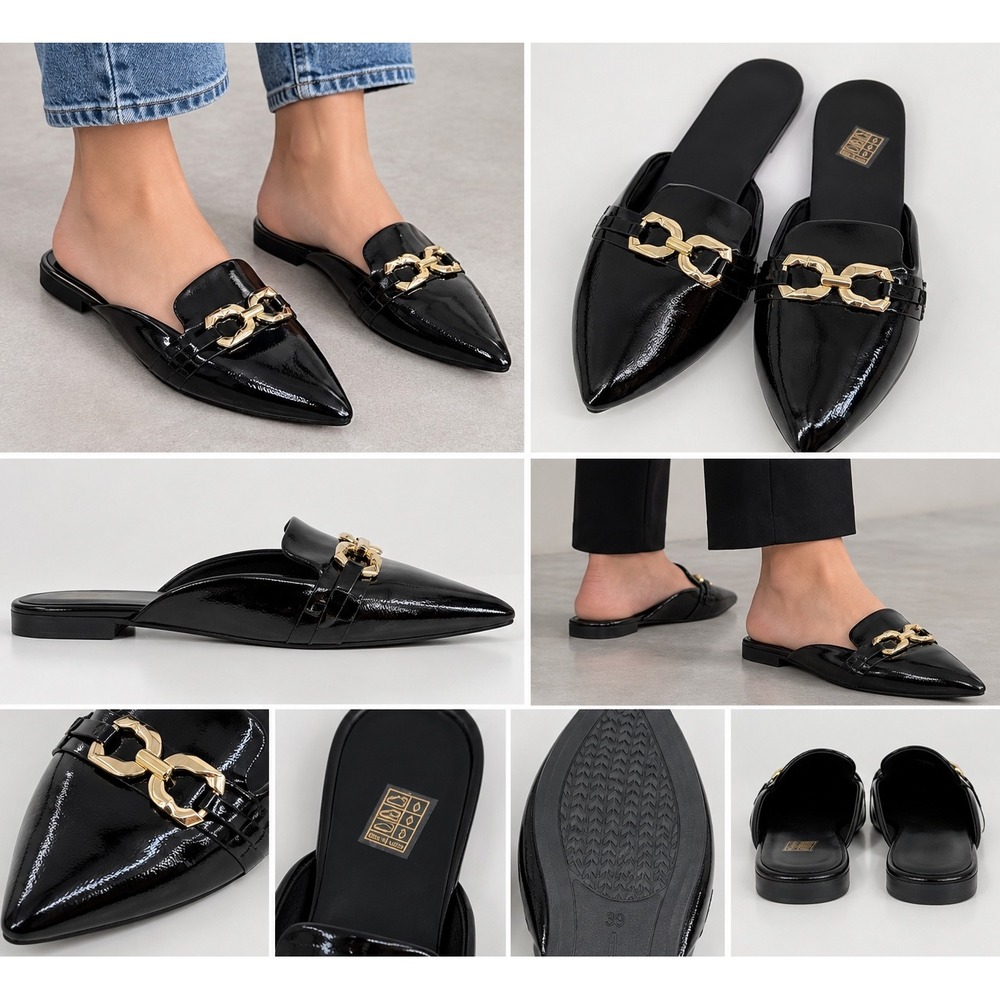 Black Patent Pointed Toe Mules with Gold Chain Link Detail Flat Slides Size 39